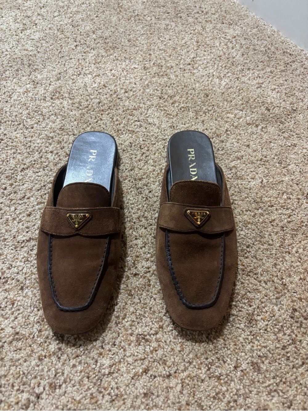 Prada Brown Suede Backless Loafer Mules with Gold Logo